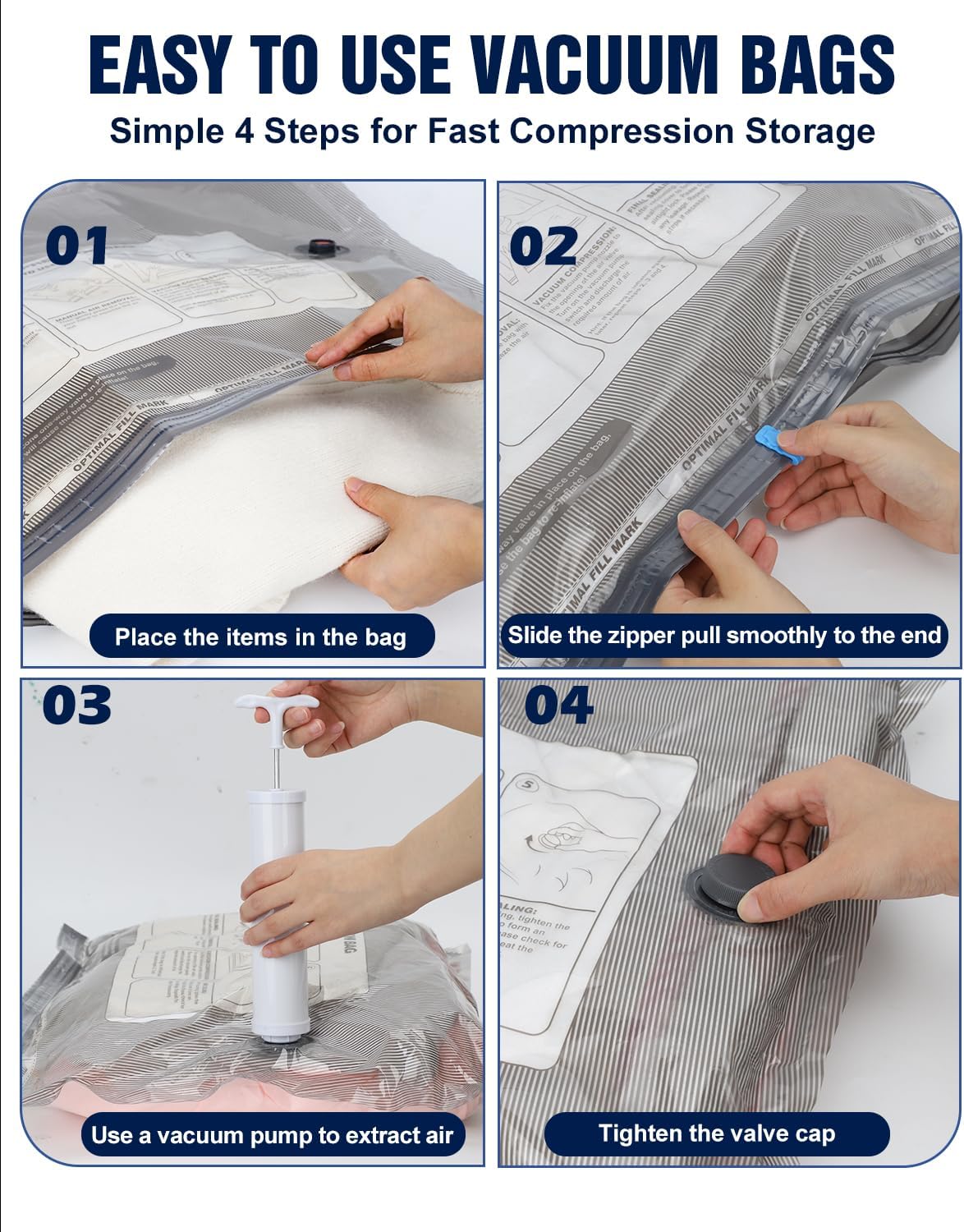 Vacuum Storage Bags, 10 Small Space Saver Bags with Hand Pump 80% Space Saver Vacuum Seal Bags Vacuum Seal Compression Bags for Clothes, Travel Luggage, Closet, Dorm, Moving