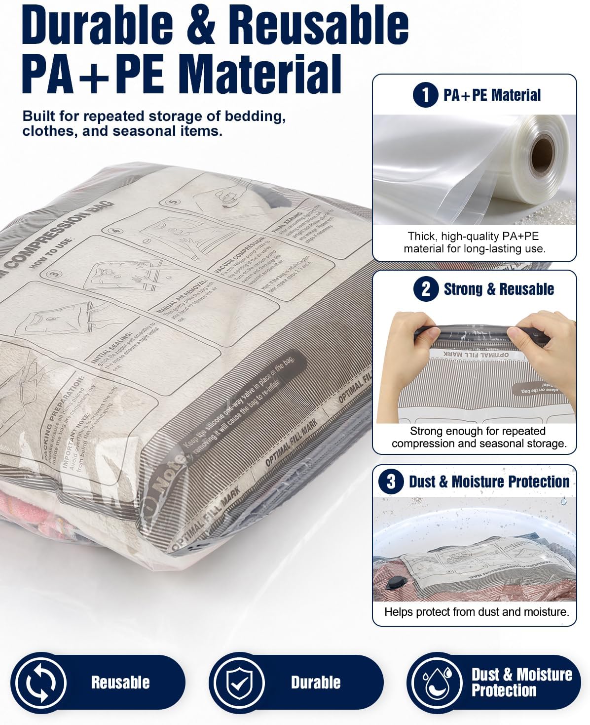 Vacuum Storage Bags, 10 Small Space Saver Bags with Hand Pump 80% Space Saver Vacuum Seal Bags Vacuum Seal Compression Bags for Clothes, Travel Luggage, Closet, Dorm, Moving
