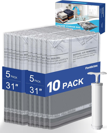Vacuum Storage Bags, 10 Small Space Saver Bags with Hand Pump 80% Space Saver Vacuum Seal Bags Vacuum Seal Compression Bags for Clothes, Travel Luggage, Closet, Dorm, Moving