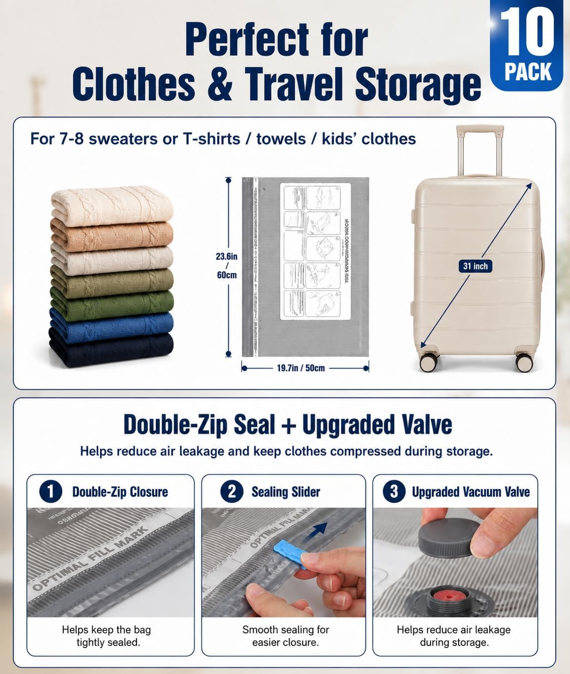 Vacuum Storage Bags, 10 Small Space Saver Bags with Hand Pump 80% Space Saver Vacuum Seal Bags Vacuum Seal Compression Bags for Clothes, Travel Luggage, Closet, Dorm, Moving