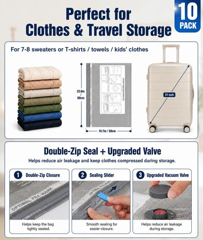 Vacuum Storage Bags, 10 Small Space Saver Bags with Hand Pump 80% Space Saver Vacuum Seal Bags Vacuum Seal Compression Bags for Clothes, Travel Luggage, Closet, Dorm, Moving