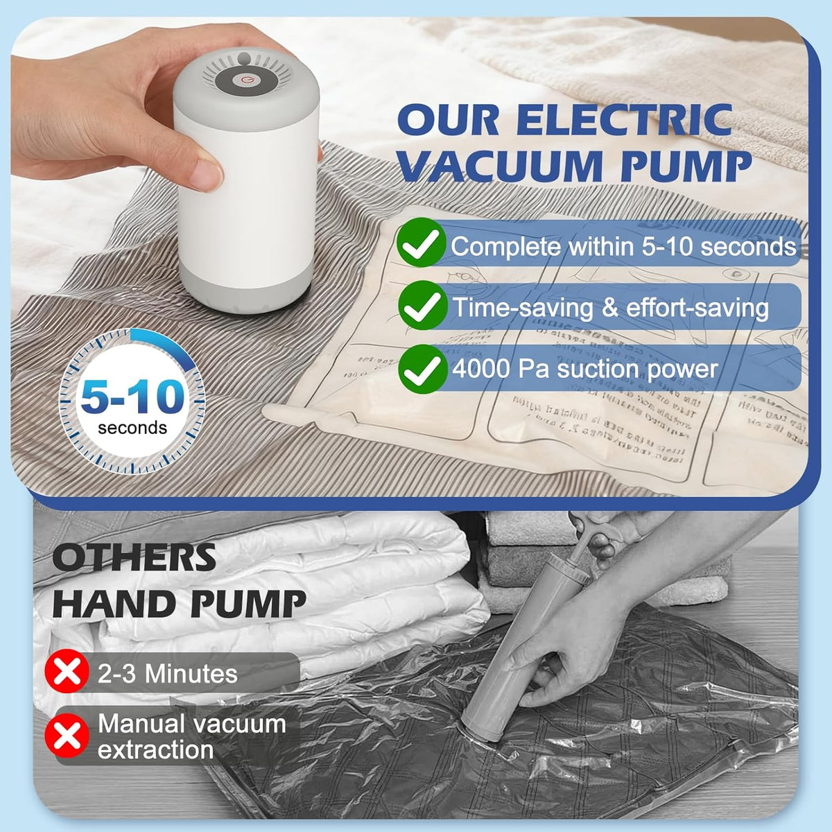 Vacuum Storage Bags, 10 Small Space Saver Bags with Hand Pump 80% Space Saver Vacuum Seal Bags Vacuum Seal Compression Bags for Clothes, Travel Luggage, Closet, Dorm, Moving