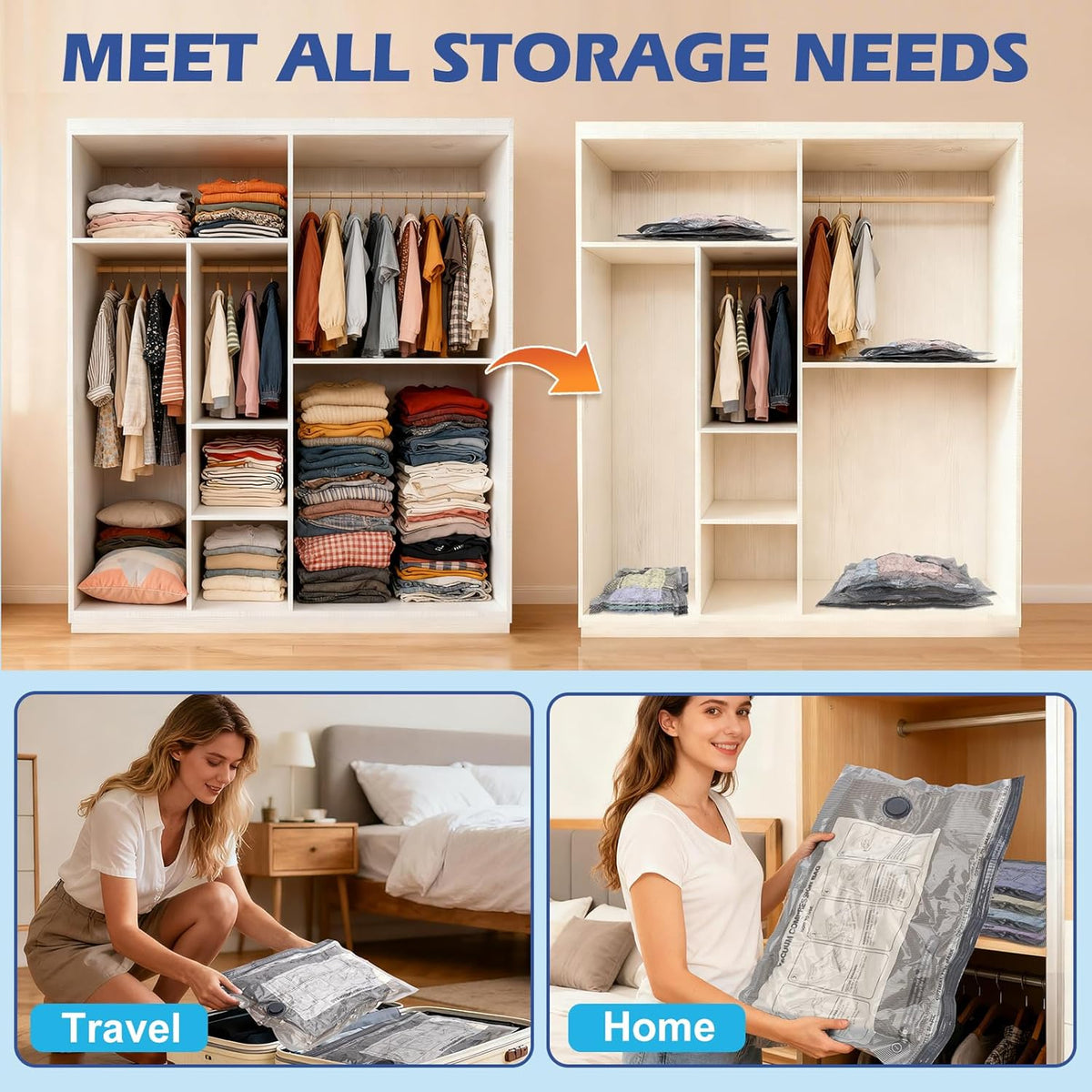 Vacuum Storage Bags, 10 Small Space Saver Bags with Hand Pump 80% Space Saver Vacuum Seal Bags Vacuum Seal Compression Bags for Clothes, Travel Luggage, Closet, Dorm, Moving