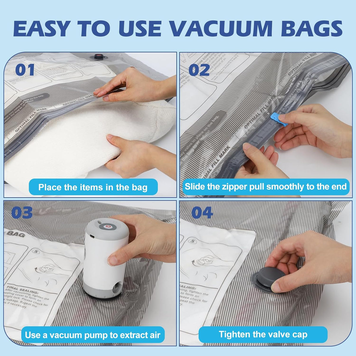 Vacuum Storage Bags, 10 Small Space Saver Bags with Hand Pump 80% Space Saver Vacuum Seal Bags Vacuum Seal Compression Bags for Clothes, Travel Luggage, Closet, Dorm, Moving