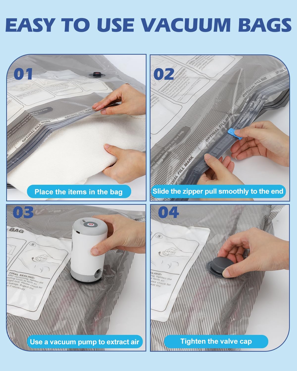 Vacuum Storage Bags, 10 Small Space Saver Bags with Hand Pump 80% Space Saver Vacuum Seal Bags Vacuum Seal Compression Bags for Clothes, Travel Luggage, Closet, Dorm, Moving