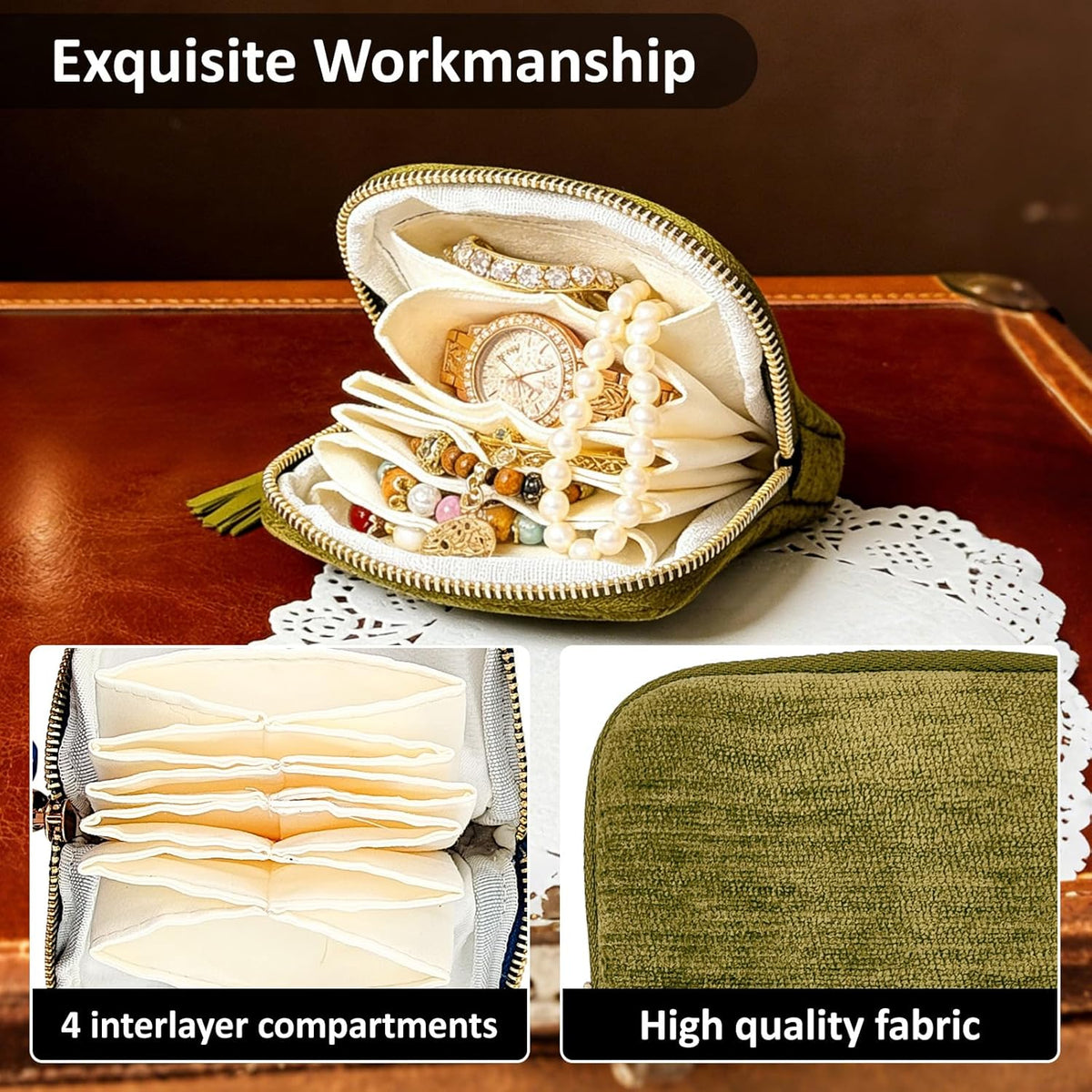 Small Travel Jewelry Case, Portable Soft Velvet Organizer Pouch,Organizer Pouch with 5 Compartments Pocket,for Bangle, Bracelets, Large Earrings, Beaded necklace, Women Gifts for Travel (Olive Green)