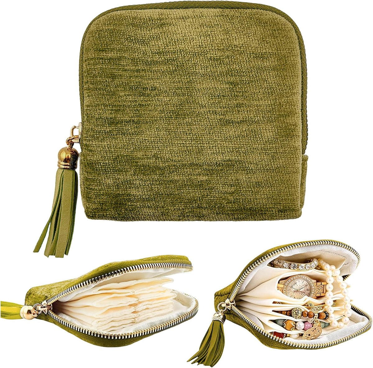 Small Travel Jewelry Case, Portable Soft Velvet Organizer Pouch,Organizer Pouch with 5 Compartments Pocket,for Bangle, Bracelets, Large Earrings, Beaded necklace, Women Gifts for Travel (Olive Green)