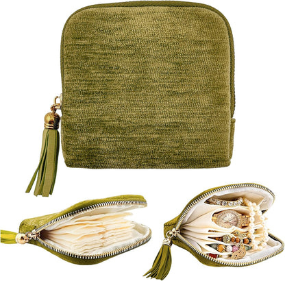 Small Travel Jewelry Case, Portable Soft Velvet Organizer Pouch,Organizer Pouch with 5 Compartments Pocket,for Bangle, Bracelets, Large Earrings, Beaded necklace, Women Gifts for Travel (Olive Green)