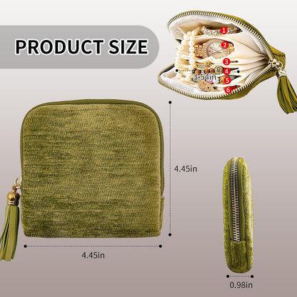 Small Travel Jewelry Case, Portable Soft Velvet Organizer Pouch,Organizer Pouch with 5 Compartments Pocket,for Bangle, Bracelets, Large Earrings, Beaded necklace, Women Gifts for Travel (Olive Green)