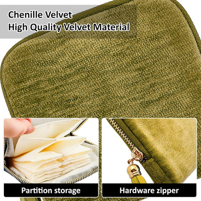 Small Travel Jewelry Case, Portable Soft Velvet Organizer Pouch,Organizer Pouch with 5 Compartments Pocket,for Bangle, Bracelets, Large Earrings, Beaded necklace, Women Gifts for Travel (Olive Green)