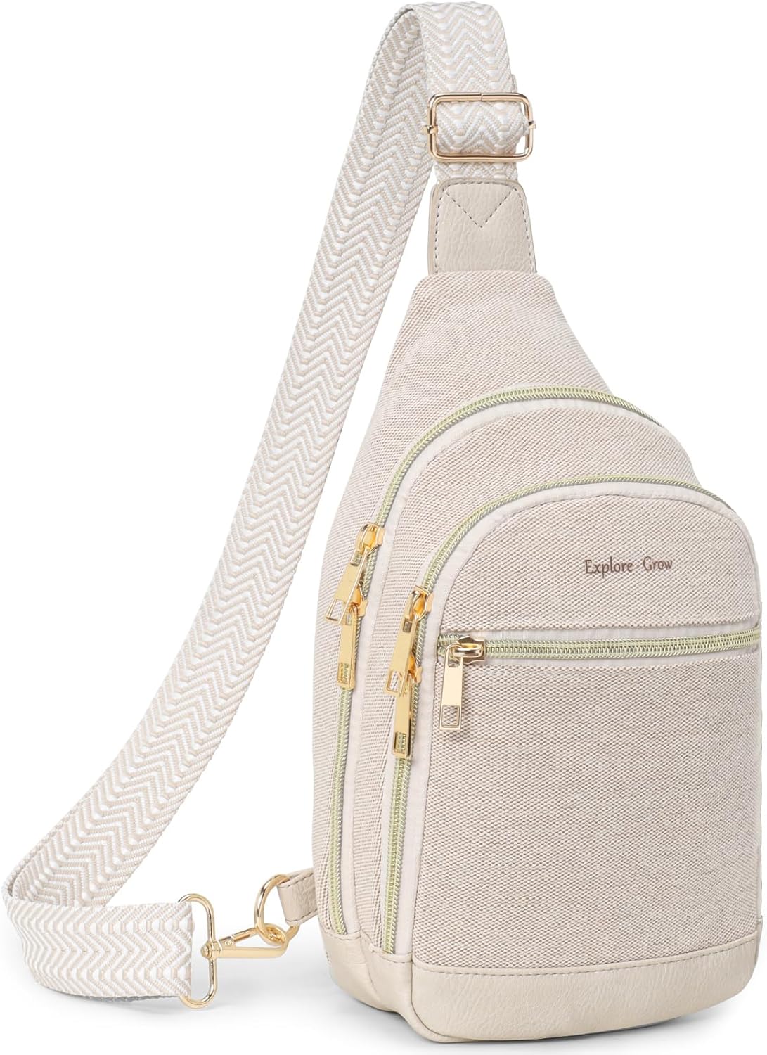 Sling Bag for Women - Canvas Crossbody Bag, 7 Pockets, Beige | Smart Organization, Hidden Back Pocket, Adjustable Strap, Leather Bottom, Fits iPad Mini, Travel Essentials, with Gift Box