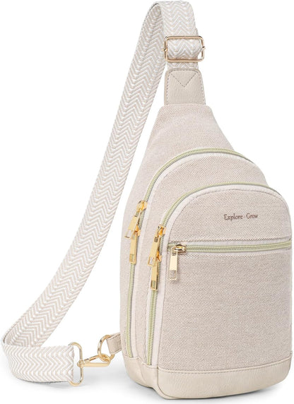 Sling Bag for Women - Canvas Crossbody Bag, 7 Pockets, Beige | Smart Organization, Hidden Back Pocket, Adjustable Strap, Leather Bottom, Fits iPad Mini, Travel Essentials, with Gift Box