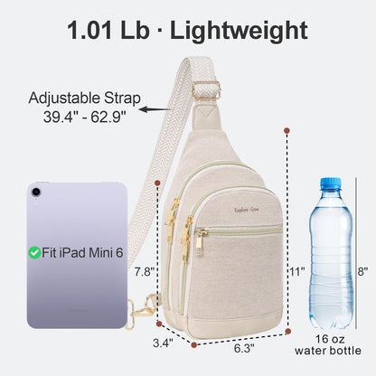Sling Bag for Women - Canvas Crossbody Bag, 7 Pockets, Beige | Smart Organization, Hidden Back Pocket, Adjustable Strap, Leather Bottom, Fits iPad Mini, Travel Essentials, with Gift Box