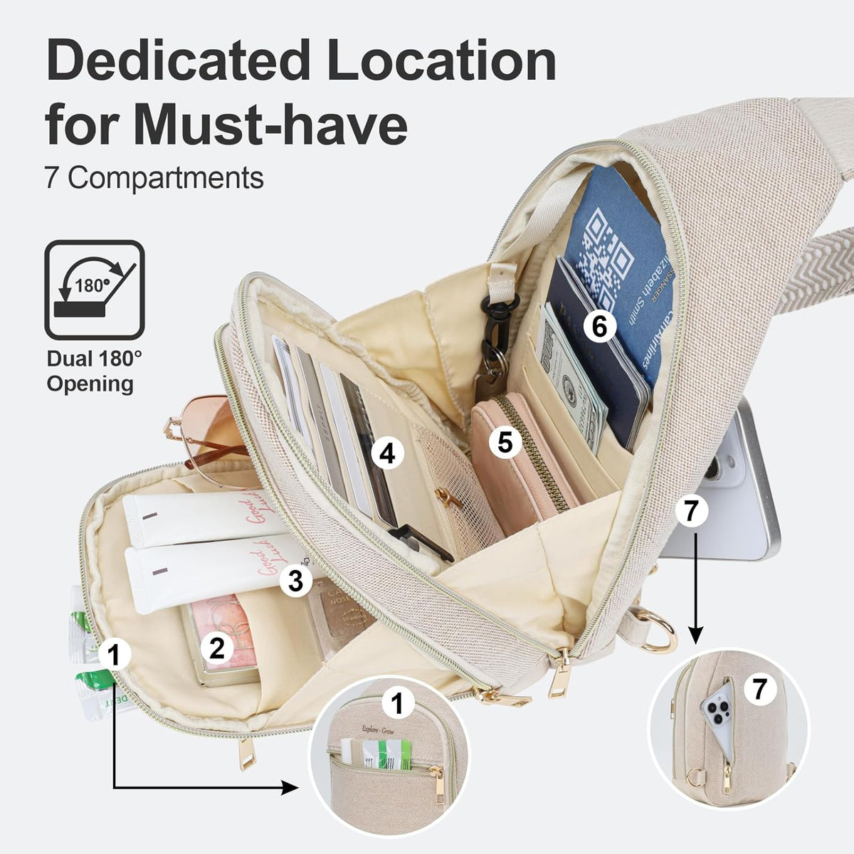 Sling Bag for Women - Canvas Crossbody Bag, 7 Pockets, Beige | Smart Organization, Hidden Back Pocket, Adjustable Strap, Leather Bottom, Fits iPad Mini, Travel Essentials, with Gift Box