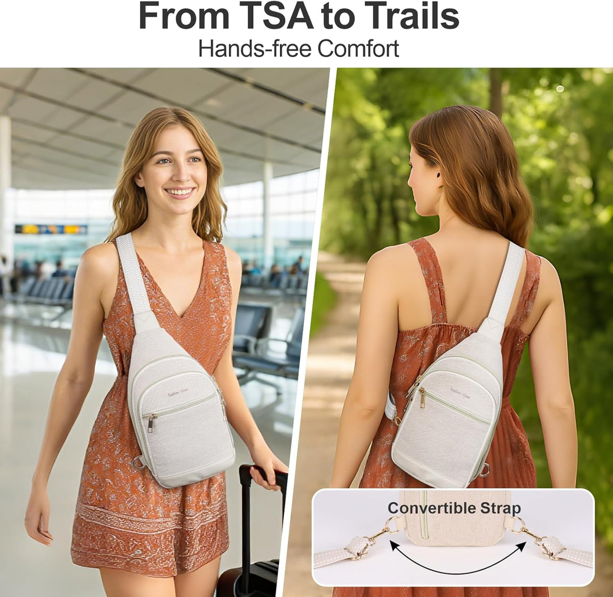 Sling Bag for Women - Canvas Crossbody Bag, 7 Pockets, Beige | Smart Organization, Hidden Back Pocket, Adjustable Strap, Leather Bottom, Fits iPad Mini, Travel Essentials, with Gift Box
