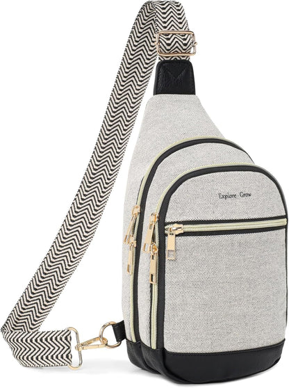 Sling Bag for Women - Canvas Crossbody Bag, 7 Pockets, Beige | Smart Organization, Hidden Back Pocket, Adjustable Strap, Leather Bottom, Fits iPad Mini, Travel Essentials, with Gift Box