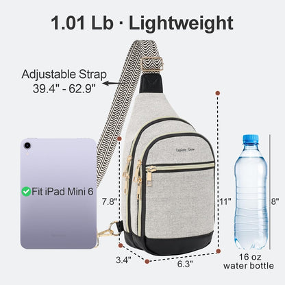 Sling Bag for Women - Canvas Crossbody Bag, 7 Pockets, Beige | Smart Organization, Hidden Back Pocket, Adjustable Strap, Leather Bottom, Fits iPad Mini, Travel Essentials, with Gift Box