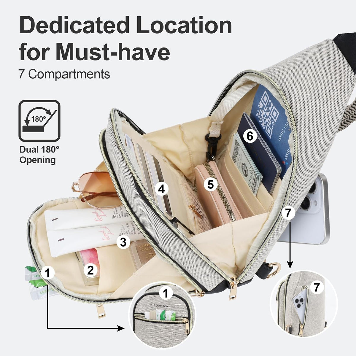 Sling Bag for Women - Canvas Crossbody Bag, 7 Pockets, Beige | Smart Organization, Hidden Back Pocket, Adjustable Strap, Leather Bottom, Fits iPad Mini, Travel Essentials, with Gift Box