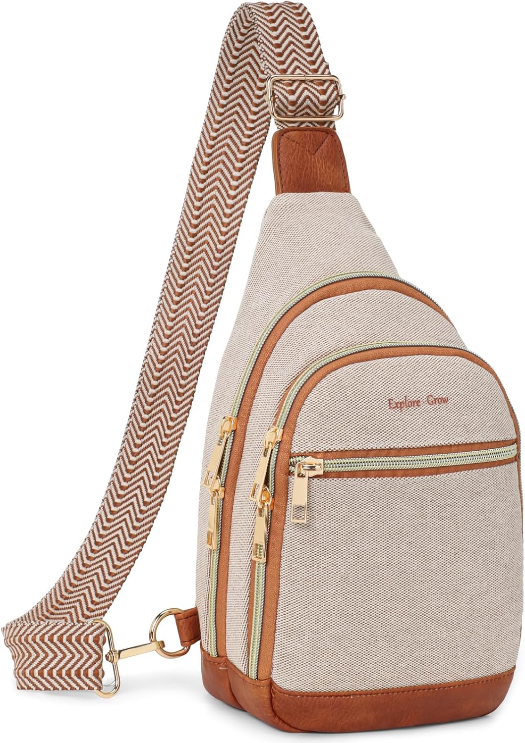 Sling Bag for Women - Canvas Crossbody Bag, 7 Pockets, Beige | Smart Organization, Hidden Back Pocket, Adjustable Strap, Leather Bottom, Fits iPad Mini, Travel Essentials, with Gift Box