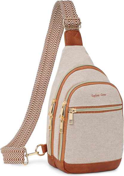 Sling Bag for Women - Canvas Crossbody Bag, 7 Pockets, Beige | Smart Organization, Hidden Back Pocket, Adjustable Strap, Leather Bottom, Fits iPad Mini, Travel Essentials, with Gift Box