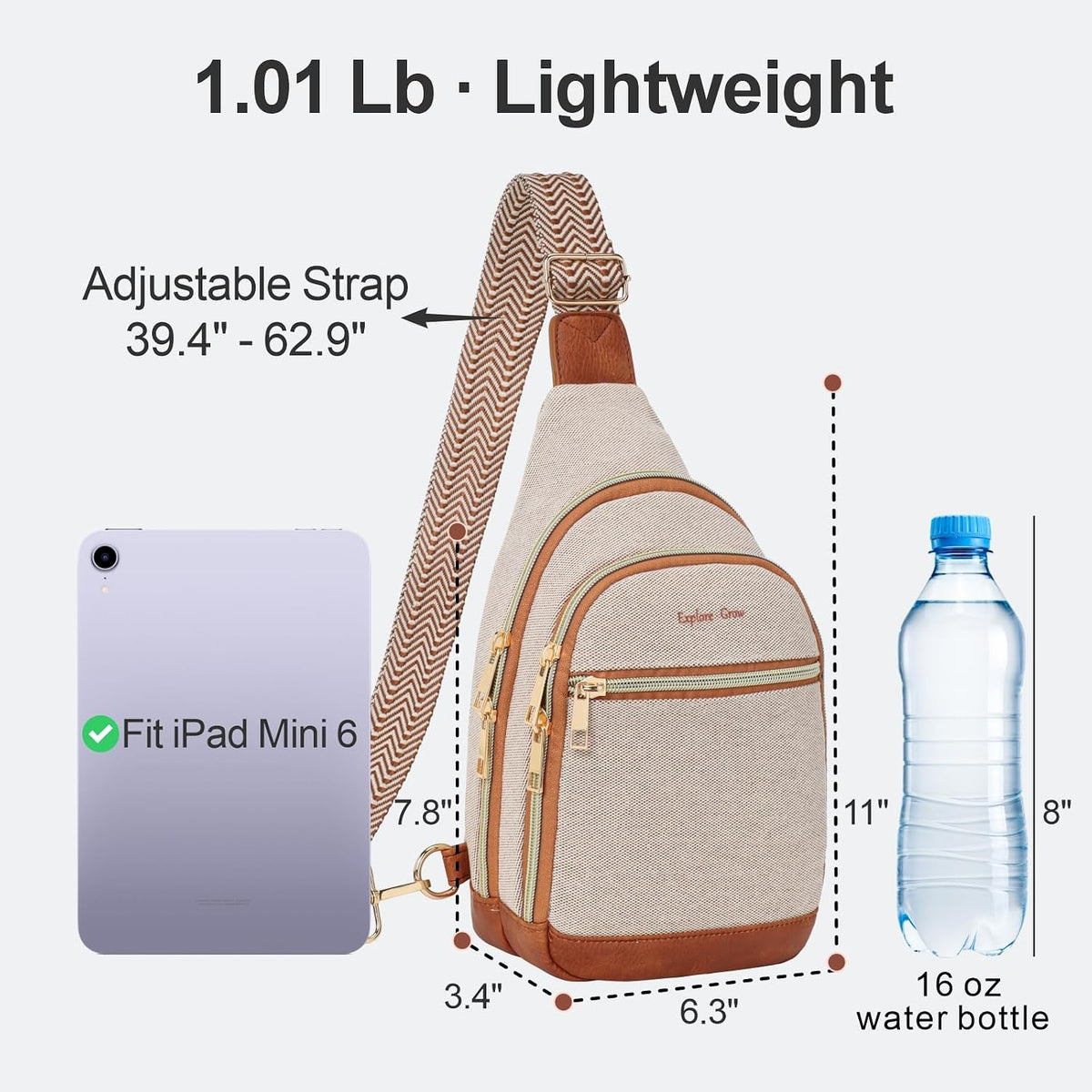 Sling Bag for Women - Canvas Crossbody Bag, 7 Pockets, Beige | Smart Organization, Hidden Back Pocket, Adjustable Strap, Leather Bottom, Fits iPad Mini, Travel Essentials, with Gift Box