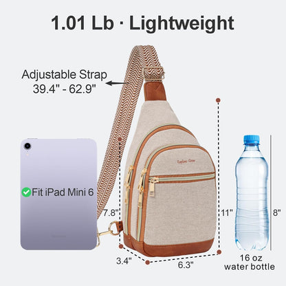 Sling Bag for Women - Canvas Crossbody Bag, 7 Pockets, Beige | Smart Organization, Hidden Back Pocket, Adjustable Strap, Leather Bottom, Fits iPad Mini, Travel Essentials, with Gift Box