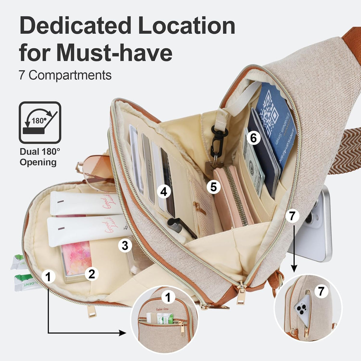 Sling Bag for Women - Canvas Crossbody Bag, 7 Pockets, Beige | Smart Organization, Hidden Back Pocket, Adjustable Strap, Leather Bottom, Fits iPad Mini, Travel Essentials, with Gift Box