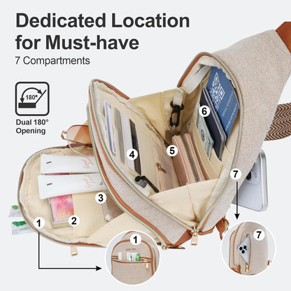 Sling Bag for Women - Canvas Crossbody Bag, 7 Pockets, Beige | Smart Organization, Hidden Back Pocket, Adjustable Strap, Leather Bottom, Fits iPad Mini, Travel Essentials, with Gift Box