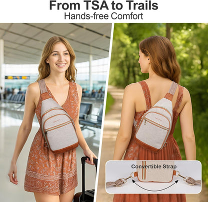 Sling Bag for Women - Canvas Crossbody Bag, 7 Pockets, Beige | Smart Organization, Hidden Back Pocket, Adjustable Strap, Leather Bottom, Fits iPad Mini, Travel Essentials, with Gift Box
