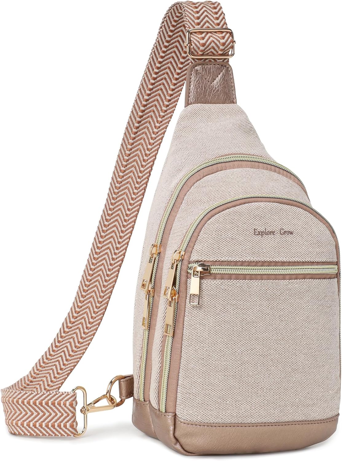 Sling Bag for Women - Canvas Crossbody Bag, 7 Pockets, Beige | Smart Organization, Hidden Back Pocket, Adjustable Strap, Leather Bottom, Fits iPad Mini, Travel Essentials, with Gift Box