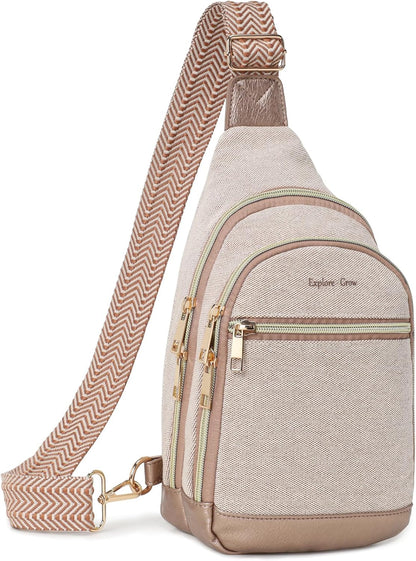 Sling Bag for Women - Canvas Crossbody Bag, 7 Pockets, Beige | Smart Organization, Hidden Back Pocket, Adjustable Strap, Leather Bottom, Fits iPad Mini, Travel Essentials, with Gift Box