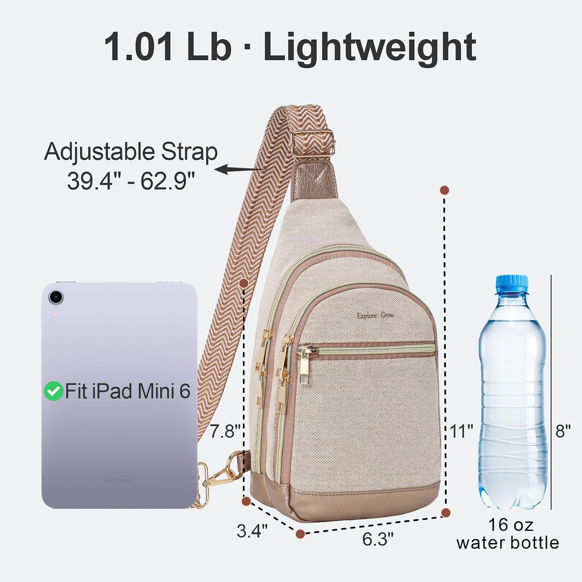 Sling Bag for Women - Canvas Crossbody Bag, 7 Pockets, Beige | Smart Organization, Hidden Back Pocket, Adjustable Strap, Leather Bottom, Fits iPad Mini, Travel Essentials, with Gift Box