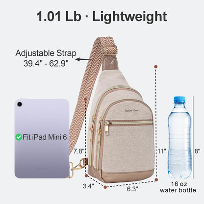 Sling Bag for Women - Canvas Crossbody Bag, 7 Pockets, Beige | Smart Organization, Hidden Back Pocket, Adjustable Strap, Leather Bottom, Fits iPad Mini, Travel Essentials, with Gift Box