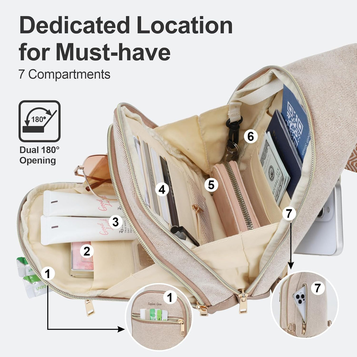 Sling Bag for Women - Canvas Crossbody Bag, 7 Pockets, Beige | Smart Organization, Hidden Back Pocket, Adjustable Strap, Leather Bottom, Fits iPad Mini, Travel Essentials, with Gift Box