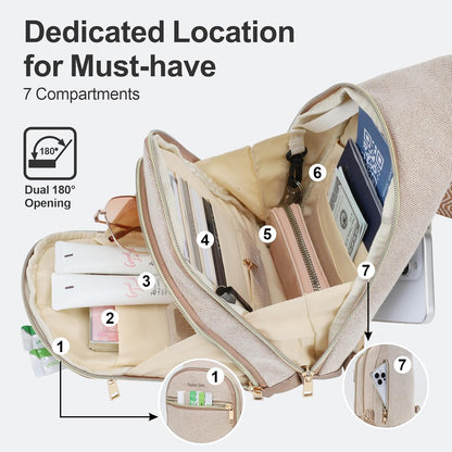 Sling Bag for Women - Canvas Crossbody Bag, 7 Pockets, Beige | Smart Organization, Hidden Back Pocket, Adjustable Strap, Leather Bottom, Fits iPad Mini, Travel Essentials, with Gift Box