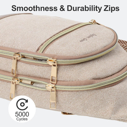 Sling Bag for Women - Canvas Crossbody Bag, 7 Pockets, Beige | Smart Organization, Hidden Back Pocket, Adjustable Strap, Leather Bottom, Fits iPad Mini, Travel Essentials, with Gift Box