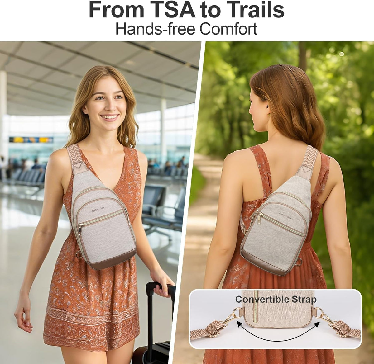 Sling Bag for Women - Canvas Crossbody Bag, 7 Pockets, Beige | Smart Organization, Hidden Back Pocket, Adjustable Strap, Leather Bottom, Fits iPad Mini, Travel Essentials, with Gift Box