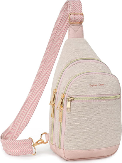 Sling Bag for Women - Canvas Crossbody Bag, 7 Pockets, Beige | Smart Organization, Hidden Back Pocket, Adjustable Strap, Leather Bottom, Fits iPad Mini, Travel Essentials, with Gift Box