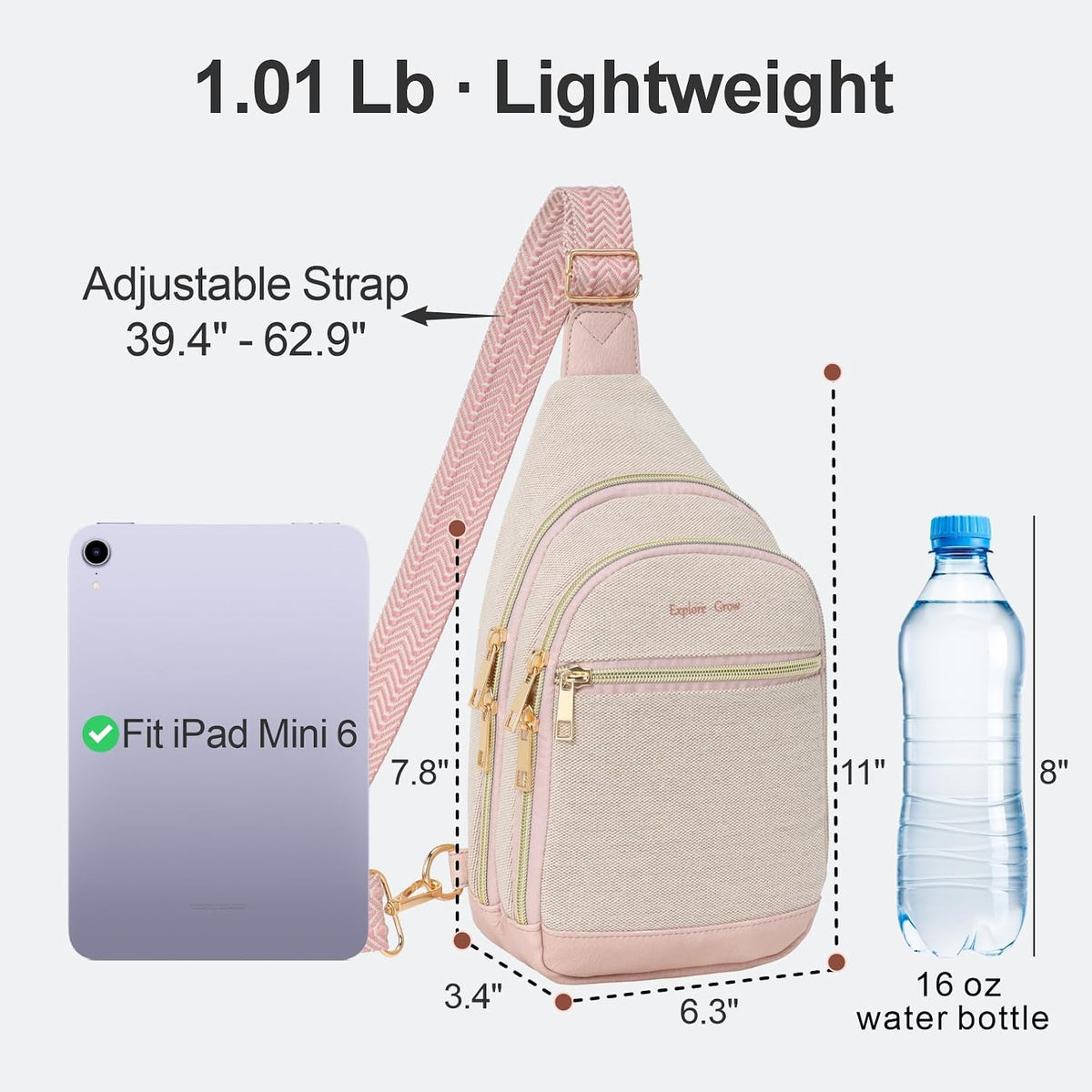 Sling Bag for Women - Canvas Crossbody Bag, 7 Pockets, Beige | Smart Organization, Hidden Back Pocket, Adjustable Strap, Leather Bottom, Fits iPad Mini, Travel Essentials, with Gift Box