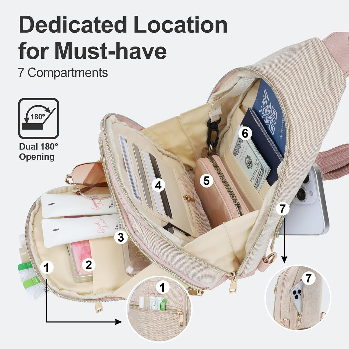 Sling Bag for Women - Canvas Crossbody Bag, 7 Pockets, Beige | Smart Organization, Hidden Back Pocket, Adjustable Strap, Leather Bottom, Fits iPad Mini, Travel Essentials, with Gift Box