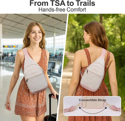 Sling Bag for Women - Canvas Crossbody Bag, 7 Pockets, Beige | Smart Organization, Hidden Back Pocket, Adjustable Strap, Leather Bottom, Fits iPad Mini, Travel Essentials, with Gift Box