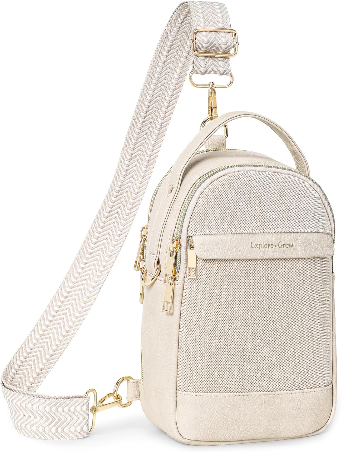 Sling Bag for Women - Canvas Crossbody Bag, 7 Pockets, Beige | Smart Organization, Hidden Back Pocket, Adjustable Strap, Leather Bottom, Fits iPad Mini, Travel Essentials, with Gift Box