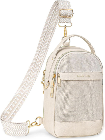 Sling Bag for Women - Canvas Crossbody Bag, 7 Pockets, Beige | Smart Organization, Hidden Back Pocket, Adjustable Strap, Leather Bottom, Fits iPad Mini, Travel Essentials, with Gift Box