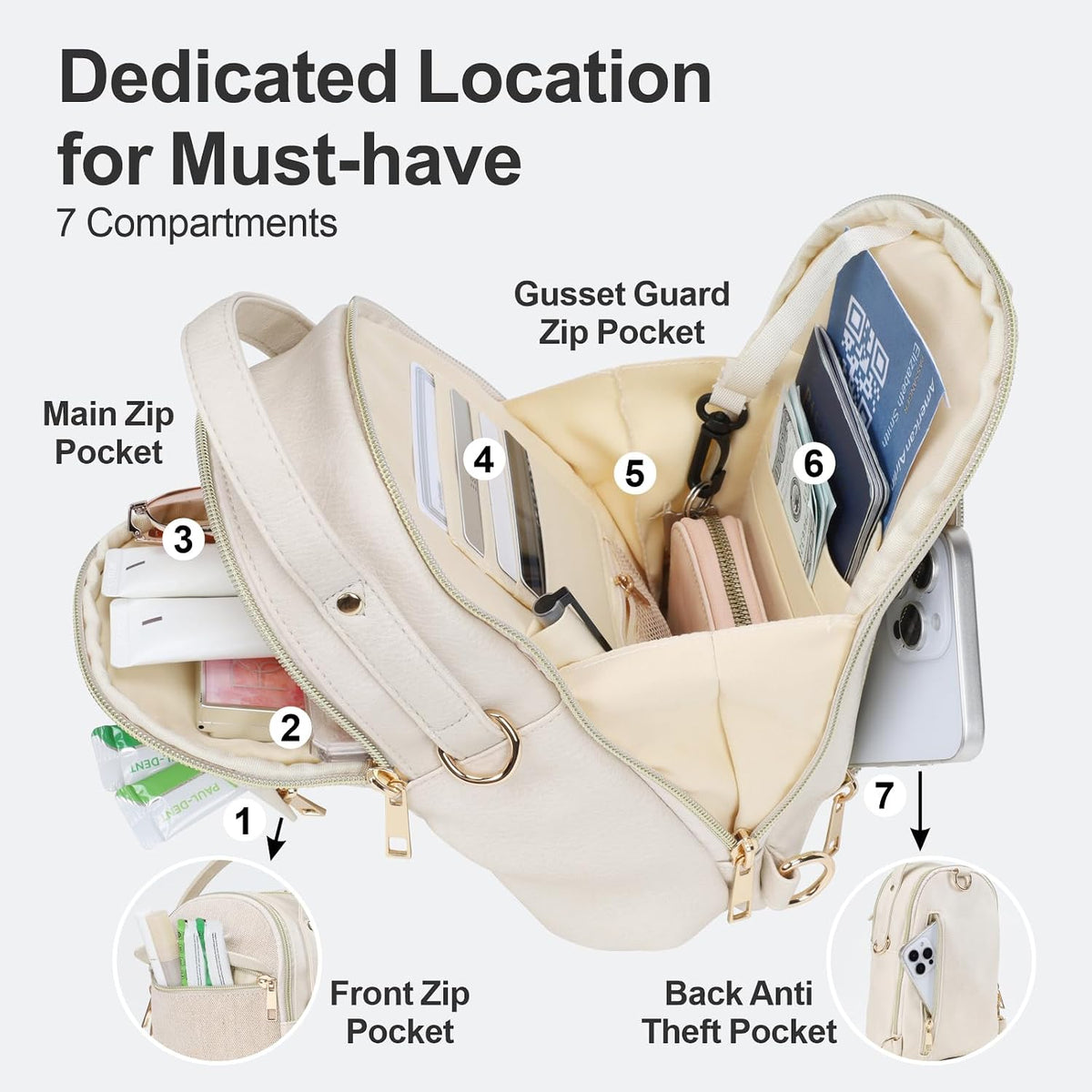 Sling Bag for Women - Canvas Crossbody Bag, 7 Pockets, Beige | Smart Organization, Hidden Back Pocket, Adjustable Strap, Leather Bottom, Fits iPad Mini, Travel Essentials, with Gift Box