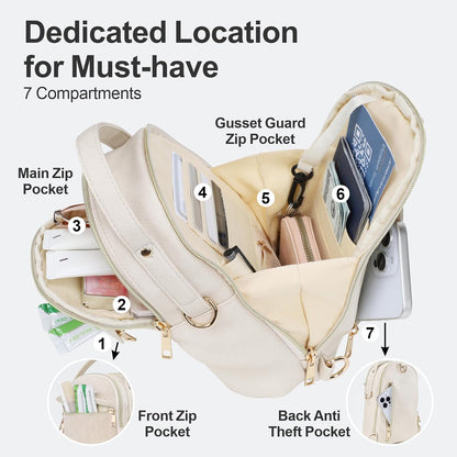 Sling Bag for Women - Canvas Crossbody Bag, 7 Pockets, Beige | Smart Organization, Hidden Back Pocket, Adjustable Strap, Leather Bottom, Fits iPad Mini, Travel Essentials, with Gift Box