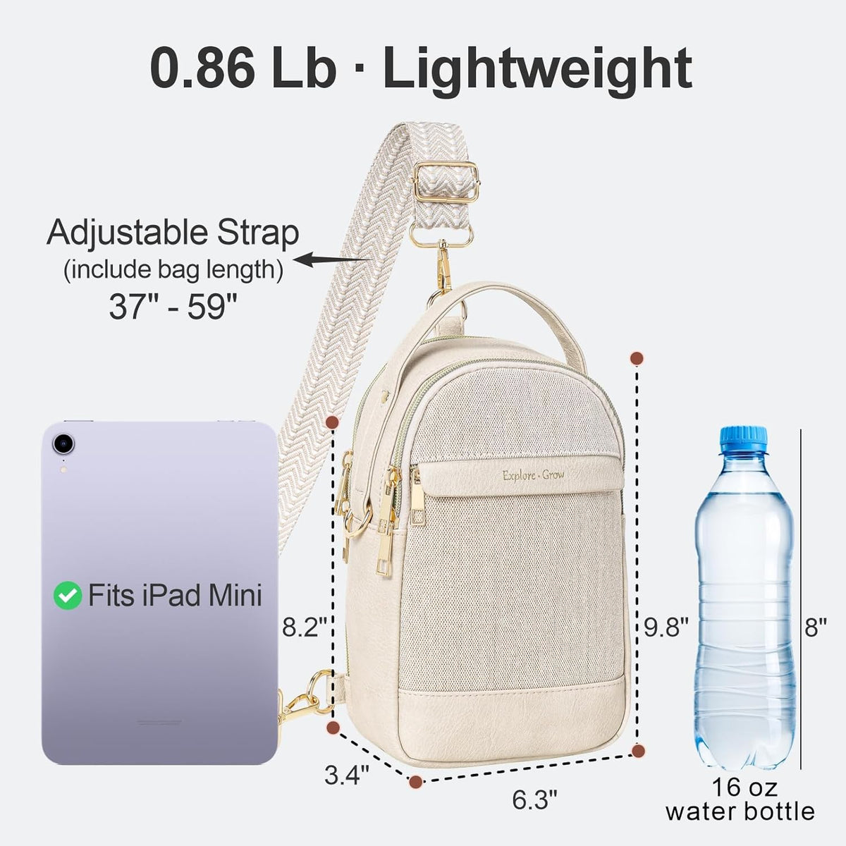 Sling Bag for Women - Canvas Crossbody Bag, 7 Pockets, Beige | Smart Organization, Hidden Back Pocket, Adjustable Strap, Leather Bottom, Fits iPad Mini, Travel Essentials, with Gift Box