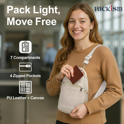 Sling Bag for Women - Canvas Crossbody Bag, 7 Pockets, Beige | Smart Organization, Hidden Back Pocket, Adjustable Strap, Leather Bottom, Fits iPad Mini, Travel Essentials, with Gift Box
