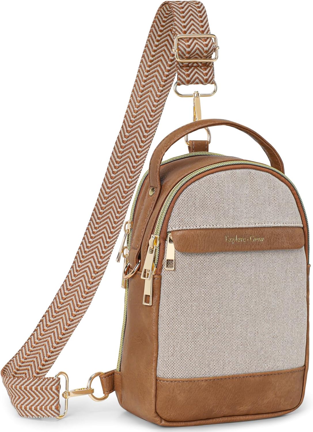 Sling Bag for Women - Canvas Crossbody Bag, 7 Pockets, Beige | Smart Organization, Hidden Back Pocket, Adjustable Strap, Leather Bottom, Fits iPad Mini, Travel Essentials, with Gift Box