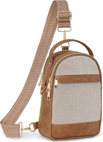 Sling Bag for Women - Canvas Crossbody Bag, 7 Pockets, Beige | Smart Organization, Hidden Back Pocket, Adjustable Strap, Leather Bottom, Fits iPad Mini, Travel Essentials, with Gift Box