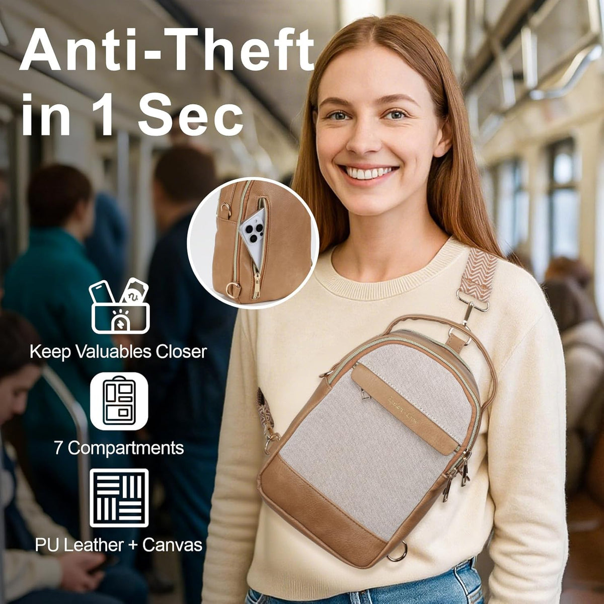 Sling Bag for Women - Canvas Crossbody Bag, 7 Pockets, Beige | Smart Organization, Hidden Back Pocket, Adjustable Strap, Leather Bottom, Fits iPad Mini, Travel Essentials, with Gift Box